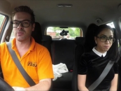 Fake Driving School Black haired European kitten with Glasses