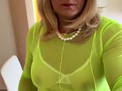 Amateur shemale Kellycd2022 sexy milf jerking off my sissys cock and cumming in white stockings in my hotel room
