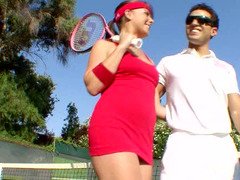 Lovely gal is playing tennis and is getting down and dirty her coach as well