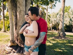 Jade Nile rewards tattooed guy with a solid BJ and gets fucked outdoors