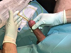The first painful insertion of a catheter with cumshot into the urethra