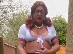 Amateur crossdresser Kellycd2022 sexy milf masturbates outdoors with big cumshot in stockings and heels, fingering sissy