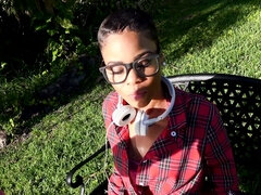 Short haired ebony in glasses gets fucked in the park