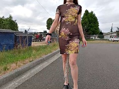 Long pussy dragging over a kilo 2.3 pounds of chains off my pussy in a transparent dress for a walk