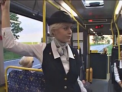 Busty stewardess public handjob on the bus