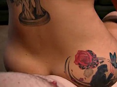 Oiled up busty tattooed babe fucked after pov blowjob