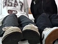 Chinese girls double foot worship before footjob