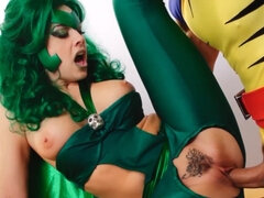 Green-haired diva with big juggs gets fucked through the hole in her pants