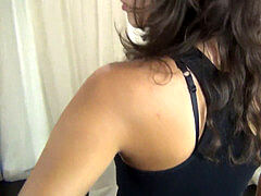 classic ballbusting - warm dark-haired punches balls for the first time