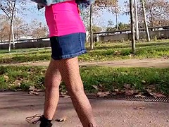 Curvy in torn pantyhose walks and shows her ass in public