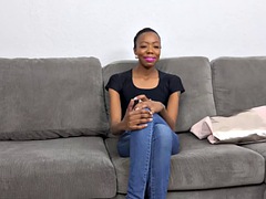 African casting - sassy slim milf in fishnets rides big dick, agent