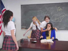 Teacher get her pussy fingered & fucked by two schoolgirls in the class