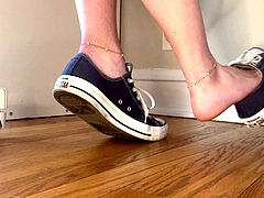 Barefoot dangling, sneaker shoeplay, foot tease
