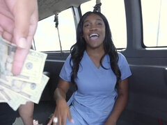 Ebony nurse Mercedes gets her mouth & pussy filled with white dick in a car