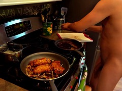 Horny husband cooking Japanese food with his bare ass for you