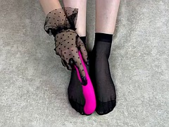 Fetish foot caressing in black nylon socks with my favorite sex toy
