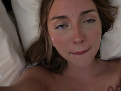 Sweet and innocent with pretty eyes, amateur Macy Meadows gets her pussy eaten and sucks cock in POV