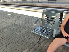 Flashing my pussy in front of people in a public train station and I masturbate Very risky with people near MissCreamy