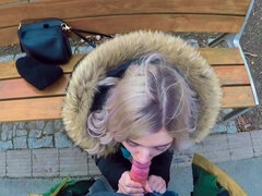 Cutie Eva Elfie gives a blowjob in the park