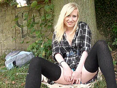 Blonde honey Satine Spark jerks in a park and public nudity of youthful