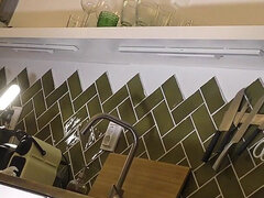 Flexible Hot Wife in the Kitchen Does Gym Training at Home by Spreading Legs and Taking Her Panties off Under Her Mini Skirt