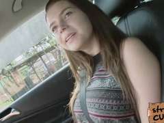 Sizeable tittied teen Marina bangs at the car hood while moaning
