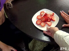 Lesbians spend their morning eating strawberries off each other