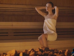 Petite body teen Vi Shy shows off during sauna play