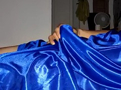 Masturbation with cum in blue satin silk lingerie
