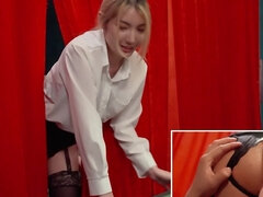 Kinky card dealer gets fucked behind the red curtain