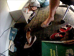 CANDID UNDER DESK OFFICE bootPLAY four - SHOE drop, DANGLING, DIPPING