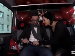 Sultry German brunette Black Sophie has public sex on the bus for Valentine's Day