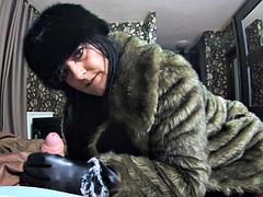 Deep blow-job and cum play while wearing a hot green fur-coat , leather gloves and long boots