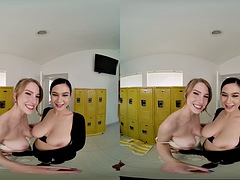 Busty beauties Octavia Red and Jasmine Wilde are in the mood for a threesome in the locker room