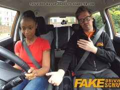 Watch this ebony student with massive fake tits get drilled by a big black cock in fake driving school