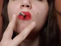 Natural Big Lips With Red Lipstick Smoking