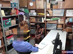 Shy ebony shoplifter got caught and fucks with the security