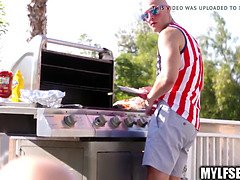 Busty bathing suit milf gets obeyed a rod on a ass cheek at july four bbq