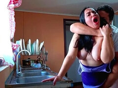 BBW Kelly Mom Fucks Step Son in Kitchen - Topless & Moaning Loudly