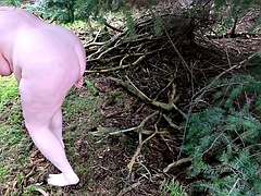 She has to strip completely naked to get her tits punished in the woods