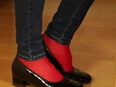 Lábfej fétis, Sarokkal való, Házi készítésű, Farmernadrág, Érett feleség, Nejlon, Harisnyanadrág, Egyedül