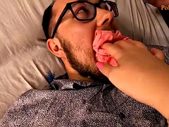 Cuckold tests the strap-on after eating male cum from his wifes pussy