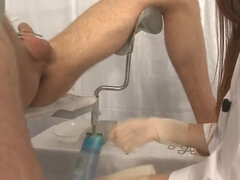 Doctor squeezes patient nipples & vacuum-pumps his cock