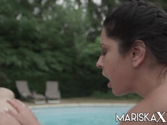 Hairy Pussy Lesbian Mariska and Sahara lick each other by the pool outdoors