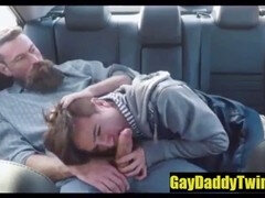 Outdoor gay fun with young and old studs in the car