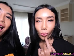 Two Asian shemale teens get together for a  special threesome