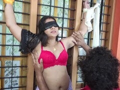 Passionate BDSM romance with blindfolded Vaishnavy in traditional attire dominated by Sharun Raj
