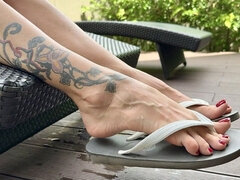 New Flip Flops on My Pretty Feet with Long Toes in Outdoor, Red Toenails Polish