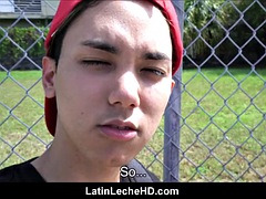Virgin amateur Latino guy in red baseball cap gets paid to fuck