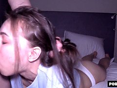 Petite college chick with small tits gets her hair pulled and takes a hard cock in her mouth